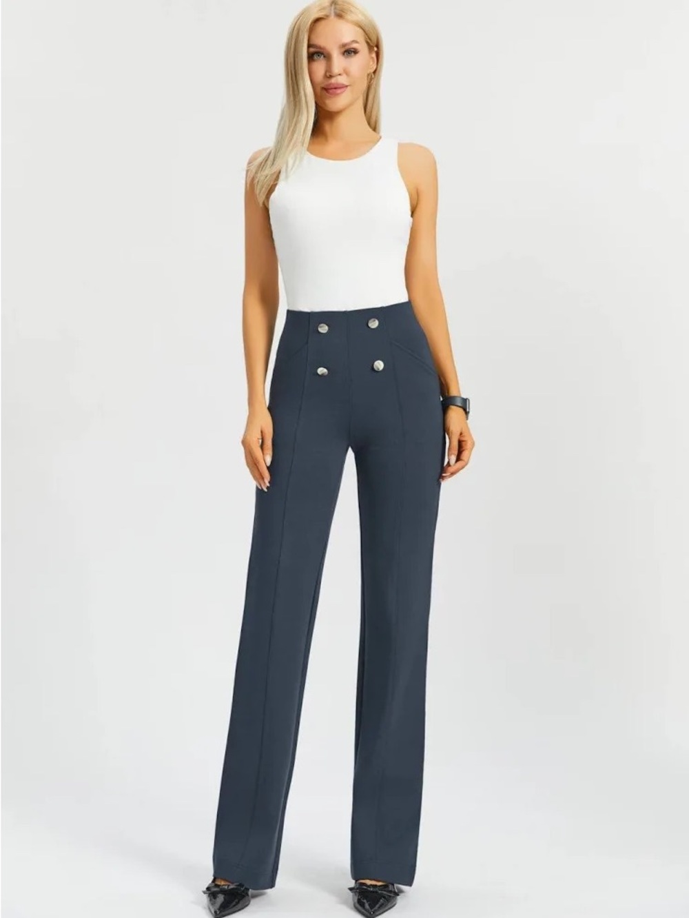 Betabrand 2XL Atlantic DPYP Wide Leg Yoga Pant Navy Stretch Button Accents